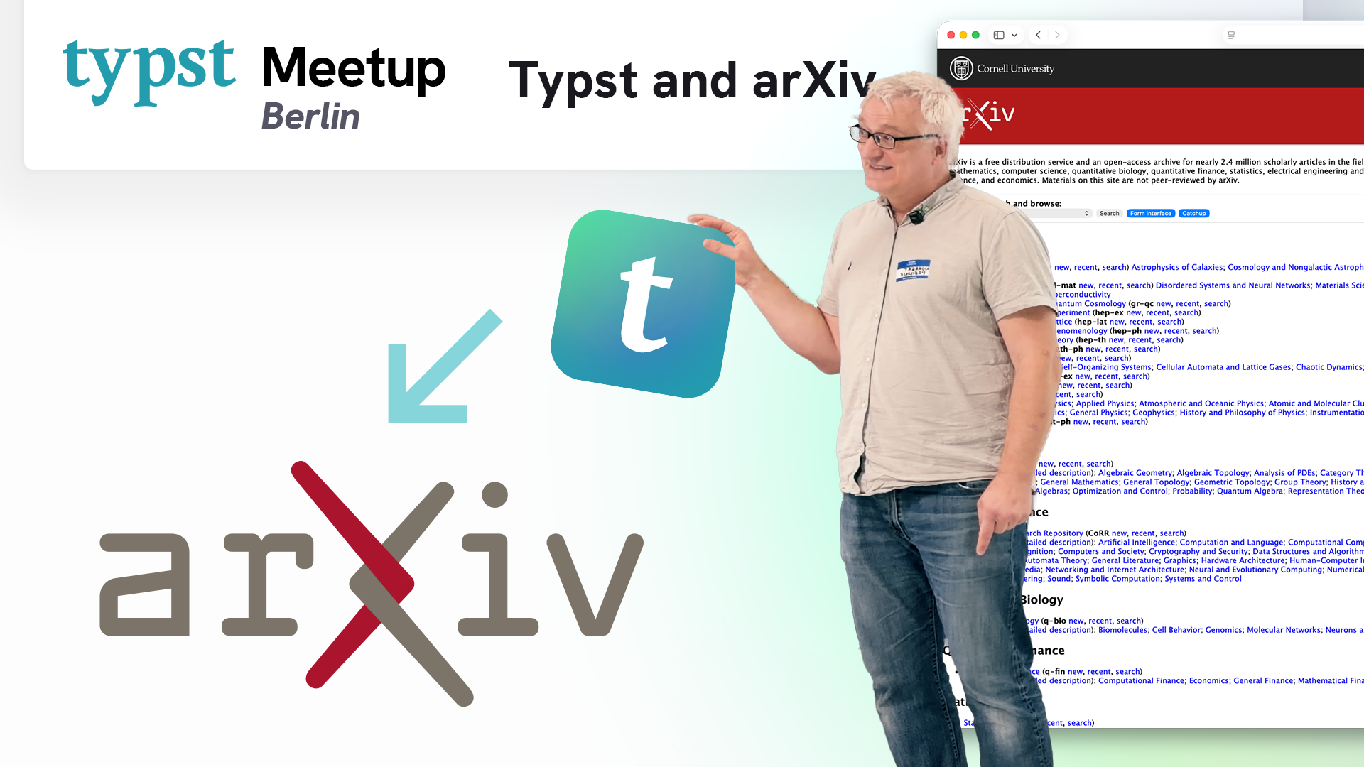 Video thumbnail: Norbert in front of an arXiv screenshot, pushing a Typst logo towards an arXiv logo. Caption "Typst and arXiv"