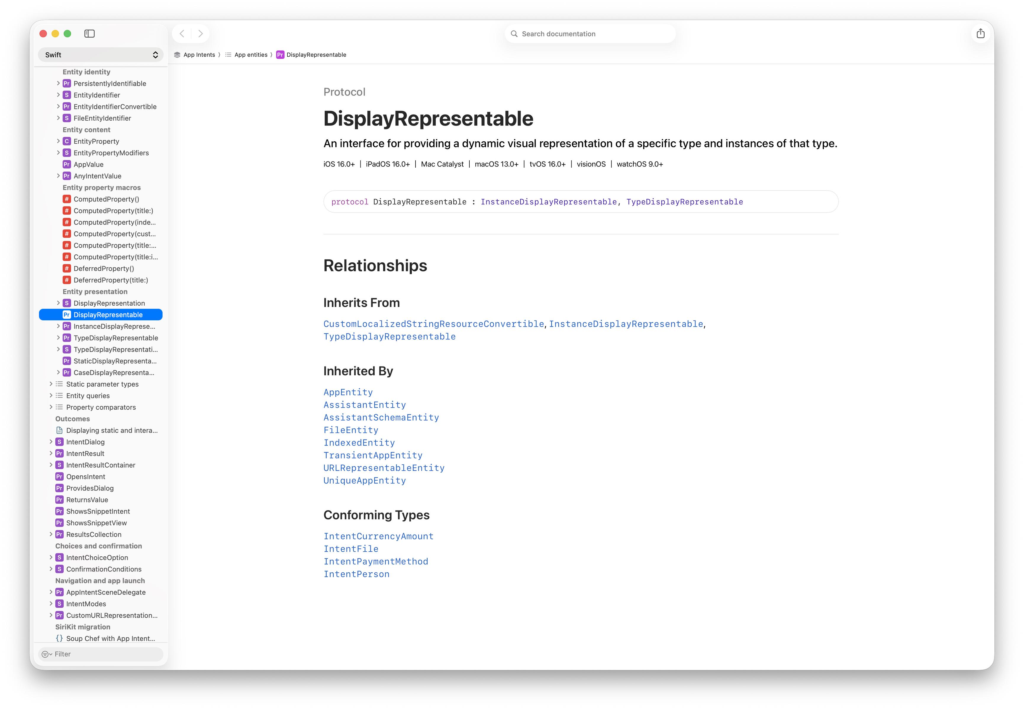 A completely fucking useLiss screenshot of the documentation for DisplayRepresentable.