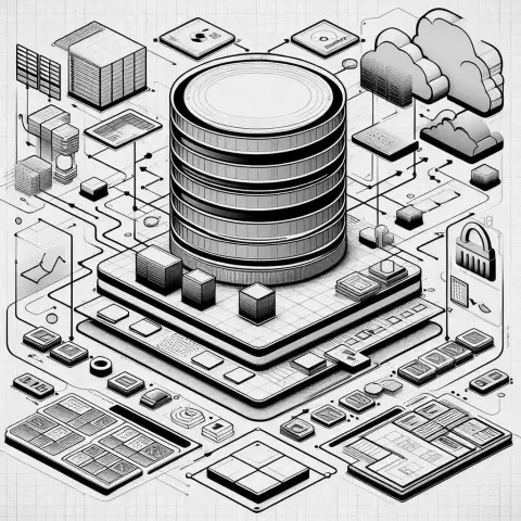Isometric grayscale illustration of a large cylindrical database stack sitting on a circuit-like platform, surrounded by connected technology icons representing servers, cloud storage, security locks, analytics dashboards, and networked devices. Lines and arrows link the components, suggesting data flow between local infrastructure and cloud systems. Image designed and executed by DALL-E 3.