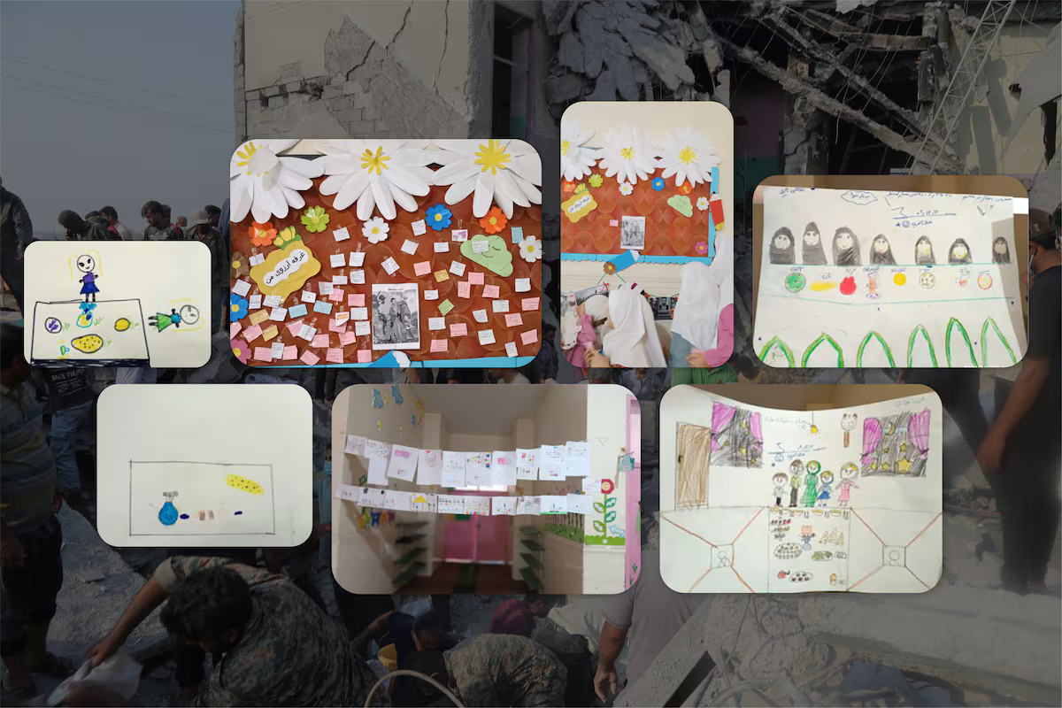 The Shajareh Tayyebeh School website posted colorful drawings created by the students and was filled with photos of children. School website/Wayback Machine. Photo collage by John Emerson/REUTERS