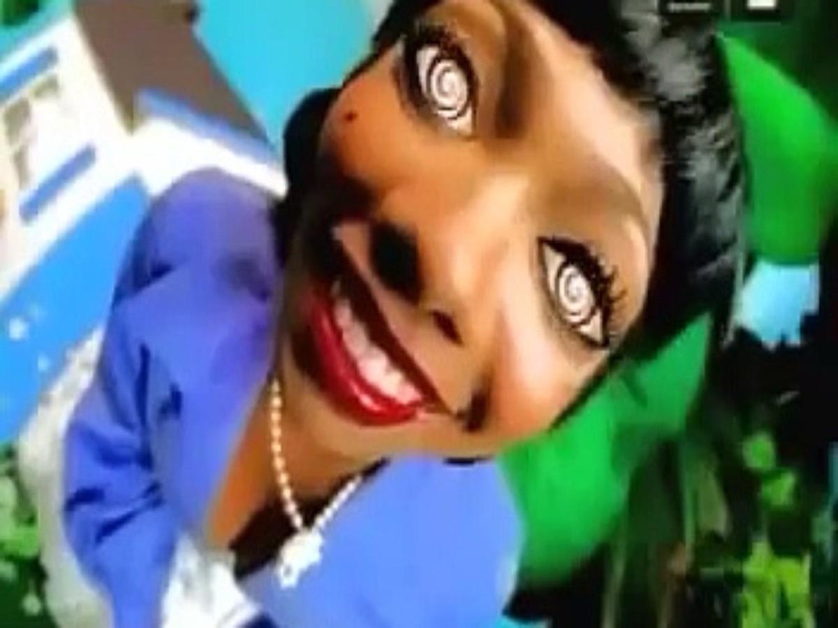 Young woman with spiral eyes wearing a blue blazer
