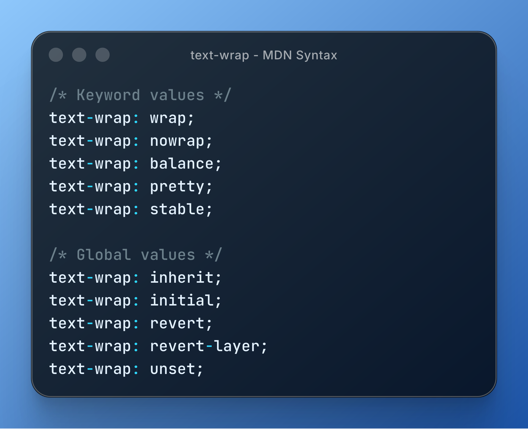 A code snippet displays various CSS values for the "text-wrap" property on a blue background, highlighting keyword and global values.
