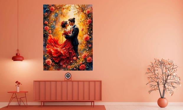 A couple in elegant attire embraces tenderly, surrounded by vibrant roses and autumn foliage. The woman's red dress flows dramatically, adding to the dreamy atmosphere.
This striking image captures a passionate couple locked in after an intimate dance, surrounded by a whirlwind of glowing autumn tones and blooming roses. The womans flowing crimson gown billows dramatically around her, like flames caught in motion, while the man in his dark suit holds her close with quiet intensity.
THE FINE ART AMERICA LOGO WILL NOT APPEAR ON PURCHASED PRINTS OR PRODUCTS.