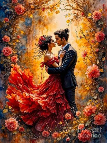 A couple in elegant attire embraces tenderly, surrounded by vibrant roses and autumn foliage. The woman's red dress flows dramatically, adding to the dreamy atmosphere.
This striking image captures a passionate couple locked in after an intimate dance, surrounded by a whirlwind of glowing autumn tones and blooming roses. The womans flowing crimson gown billows dramatically around her, like flames caught in motion, while the man in his dark suit holds her close with quiet intensity.
THE FINE ART AMERICA LOGO WILL NOT APPEAR ON PURCHASED PRINTS OR PRODUCTS.