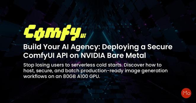 Promotional graphic for ComfyUI API deployment on NVIDIA hardware, featuring bold text and a neon-lit, futuristic digital tunnel background.