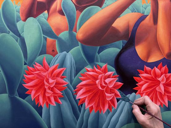 my hand, painting the stem of a cactus flower
