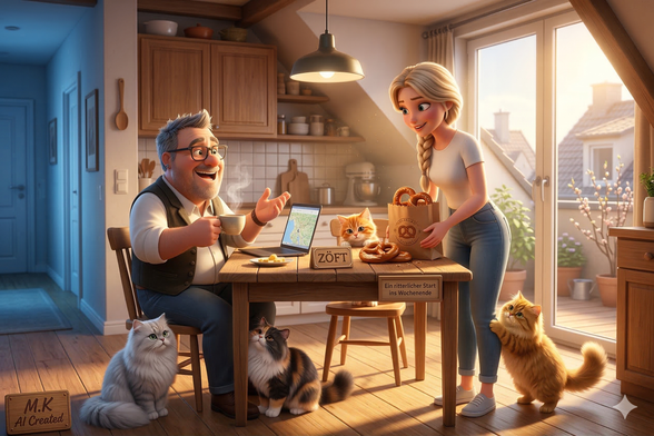 Es ist Freitagmorgen, und obwohl es der 13. März ist, strahlt die Wohnung von Betty und Micha nichts als tiefen Frieden aus. Das Wochenende naht, und die bewusste Entscheidung, den Tag ruhig und gemeinsam zu beginnen, ist gelebte Achtsamkeit im Alltag. Wenn der Duft von frischen Brezeln und Kaffee durch den Raum zieht, entsteht ein Ort der absoluten Geborgenheit. 🌿✨
Ein kleines Schild auf dem Tisch spricht von einem ritterlichen Start ins Wochenende – eine charmante Erinnerung daran, sich selbst und den Liebsten mit Wertschätzung zu begegnen. Micha plant am Laptop vielleicht schon den nächsten ruhigen Ausflug, während Betty liebevoll das Frühstück serviert. Und mittendrin: die vier Katzen, die mit ihrer puren Anwesenheit Ruhe und Freude spenden. Sie erinnern uns daran, dass wir nicht immer auf der Überholspur leben müssen. Das sanfte Recken am Hosenbein oder der neugierige Blick über die Tischkante – all das sind winzige, kostbare Augenblicke des Miteinanders. ☕️🐱🤍
Ein friedvolles Heim ist unser wichtigster Rückzugsort. Wenn wir es schaffen, den Stress der Woche vor der Tür zu lassen und uns ganz dem gegenwärtigen Moment zu widmen, wird jeder Morgen zu einem kleinen Geschenk. Lasst uns dieses wohlige Gefühl der Gemeinschaft und der sanften Entschleunigung direkt in das Wochenende mitnehmen.