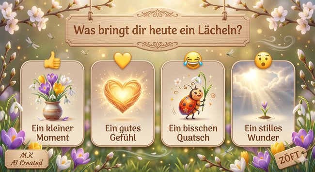 Guten Morgen an alle, die heute gemeinsam mit uns den Frühling begrüßen möchten! 🌿 In unserer Gemeinschaft schätzen wir die Kraft der Achtsamkeit und das bewusste Wahrnehmen der Welt um uns herum. Diese Illustration im ZÖFT-Stil ist mehr als nur ein Bild – sie ist eine Einladung, den Fokus auf das zu richten, was uns verbindet und uns innerlich wärmt.
Das Miteinander beginnt oft mit einem kleinen Lächeln, das wir uns selbst oder anderen schenken. Ob es die Wertschätzung der Natur ist, die Wärme eines guten Gefühls, das gemeinsame Lachen über ein bisschen Quatsch oder das Staunen über ein stilles Wunder am Himmel: Jeder dieser Momente ist ein Baustein für ein achtsames Leben. In einer Zeit, die oft laut ist, bieten diese vier Felder am frühen Morgen einen Ankerpunkt der Ruhe.
Lassen wir uns von den zarten Krokussen und dem sanften Licht daran erinnern, wie wichtig es ist, im Einklang mit sich selbst zu sein. Wir wünschen euch einen Tag voller kleiner Wunder und respektvoller Begegnungen. 🌸🪵✨
#Miteinander #Achtsamkeit #ZÖFT #Frühling #KIKunst #Gemeinschaft #Selbstfürsorge #Illustration
KI‑Illustration im ZÖFT ‑ Stil.