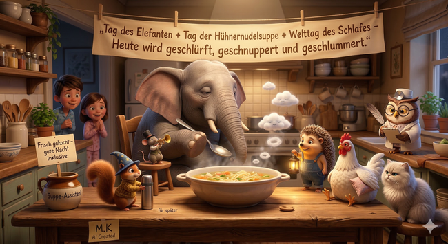 🐘🥣💤 Ein sanfter Abend im ZÖFT-Atelier! Heute feiern wir den #WelttagDesSchlafes, den #TagDesElefanten und den #TagDerHühnernudelsuppe. Während der Elefant tief träumt, serviert das Eichhörnchen die warme Stärkung 🐿️🍲 Professor Eule wacht über die Kissen-Statik 🦉📊 Ein Ort, an dem Ruhe und Fürsorge die wichtigste Rolle spielen. Seid ihr bereit für eine runde traumhafte Entspannung in bester Gesellschaft? ✨ #ZÖFT #Schlafenszeit #Gemütlichkeit #KIKunst
B) Lang & Ausführlich: Willkommen zur wohl ruhigsten und herzerwärmendsten Zusammenkunft in unserer ZÖFT-Stube! 🐘✨🌲 In der ZÖFT-Welt widmen wir uns heute der hohen Kunst der Ruhe und der Wärme. Die Kombination aus dem Welttag des Schlafes, dem Tag des Elefanten und dem Tag der Hühnernudelsuppe erinnert uns daran, dass wir alle – egal wie groß unsere Aufgaben sind – Momente des Innehaltens brauchen. 🎨🌟
Im Zentrum steht die Achtsamkeit für das eigene Wohlbefinden und die Gemeinschaft. Während der Elefant uns vorlebt, was echte Hingabe an den Schlaf bedeutet, sorgt das Eichhörnchen mit der Suppe für die nötige innere Wärme. Miteinander bedeutet hier, aufeinander aufzupassen: Der Igel leuchtet den Weg, Professor Eule wacht über das Wohlergehen der Gruppe und die Kinder genießen die Geborgenheit im Kreise ihrer tierischen Freunde 🐿️🪄 Die warme Atmosphäre und die weichen Decken vermitteln ein tiefes Gefühl von Schutz und Frieden.
❤️🌟 #ZÖFT #Community #Achtsamkeit #Miteinander #Schlafenszeit #Geborgenheit #Elefantenruhe