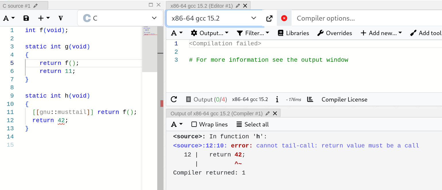 screencap of linked godbolt page showing that although gcc is perfectly happy to compile two consecutive return statements, it won't compile a return after a tail call