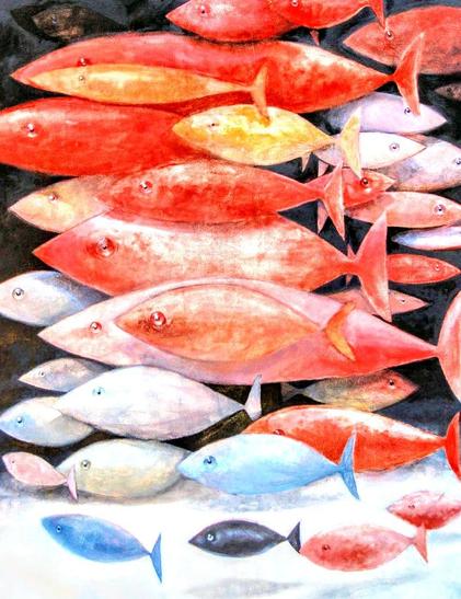 Artwork of many colorful fish swimming