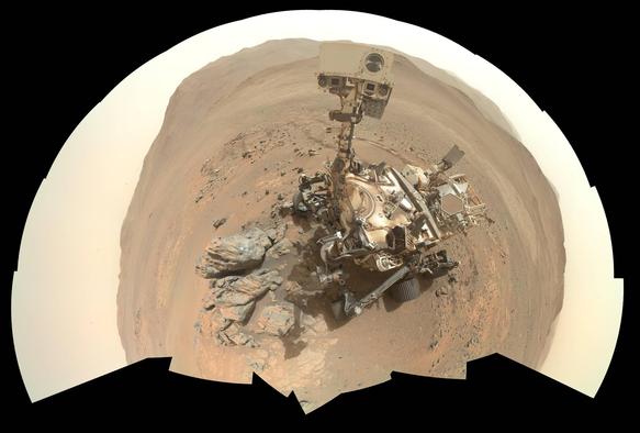 A selfie mosaic of the Mars rover Perseverance, captured March 11, 2026, displayed using the interactive 360Cities app, in the Little Planet Viewing Mode.
