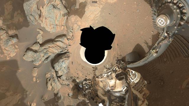 A selfie mosaic of the Mars rover Perseverance, captured March 11, 2026, displayed using the interactive 360Cities app, in the Little Planet Viewing Mode.