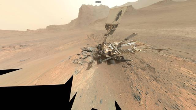 A selfie mosaic of the Mars rover Perseverance, captured March 11, 2026, displayed using the interactive 360Cities app, in the Architectural Viewing Mode.