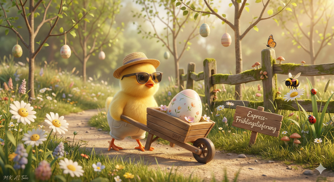 Der Frühling ist die Zeit des Aufbruchs und des gemeinsamen Wachsens. In dieser Szene sehen wir, wie selbst die Kleinsten ihren Beitrag leisten, um die Welt ein Stück bunter zu machen. Das Küken auf seinem Weg mit der Express-Frühlingslieferung erinnert uns an den Wert von Tatkraft und Freude an der eigenen Aufgabe. Inmitten einer blühenden Natur, begleitet von Schmetterlingen und Bienen, zeigt sich ein harmonisches Miteinander. Es geht um Achtsamkeit für die kleinen Dinge – das Lächeln einer Blume, das warme Licht zwischen den Bäumen und die Sorgfalt, mit der das verzierte Ei transportiert wird. In der ZÖFT-Welt zählt jeder Schritt, egal wie klein die Füße sind. Diese Illustration lädt dazu ein, innezuhalten, die Sonnenstrahlen zu genießen und die Gemeinschaft zu schätzen, die uns durch alle Jahreszeiten trägt. Zusammenhalt bedeutet hier, dass jeder seinen Platz findet und wir uns gegenseitig mit Heiterkeit und Zuversicht inspirieren. Ein wunderbarer Moment der Verbundenheit mit der Natur und dem Leben selbst. #Achtsamkeit #Miteinander #Frühling #ZÖFT #Ostern #Werte #Natur #KIKunst #künstlicheintelligenz #Zusammenhalt