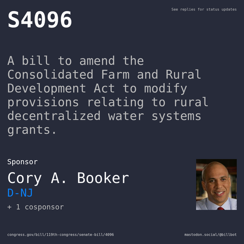 Description of S4096, and a depiction of its sponsor, Cory A. Booker.