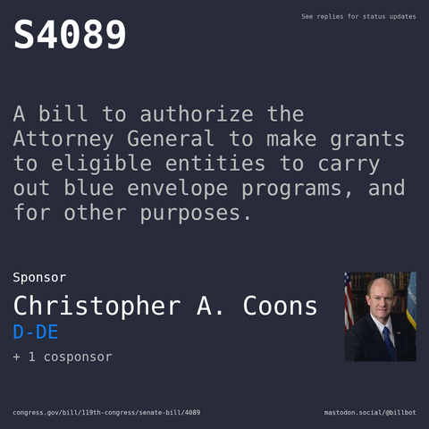 Description of S4089, and a depiction of its sponsor, Christopher A. Coons.