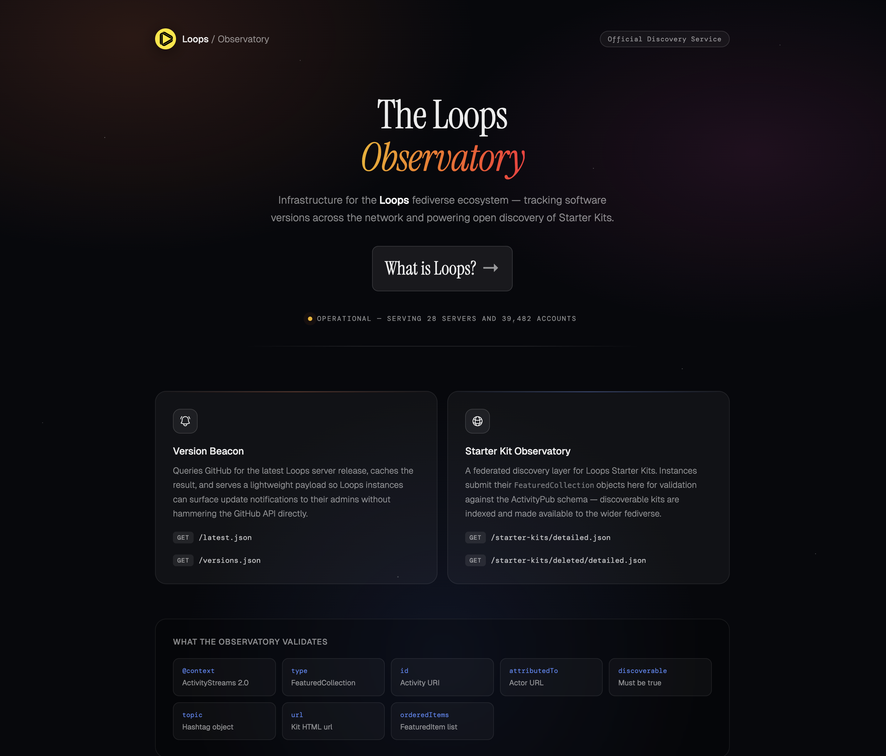 Loops Observatory service, powering Starter Kit discovery