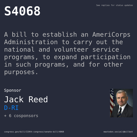 Description of S4068, and a depiction of its sponsor, Jack Reed.