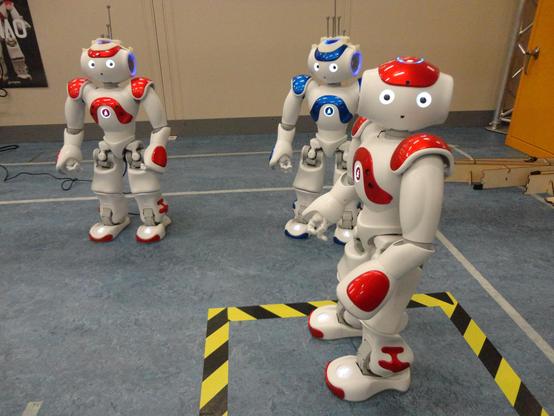 Three small humanoid robots. They are mostly white with patches of colour on their head, shoulders, chest, forearms and legs. Two have red patches and one has blue patches.