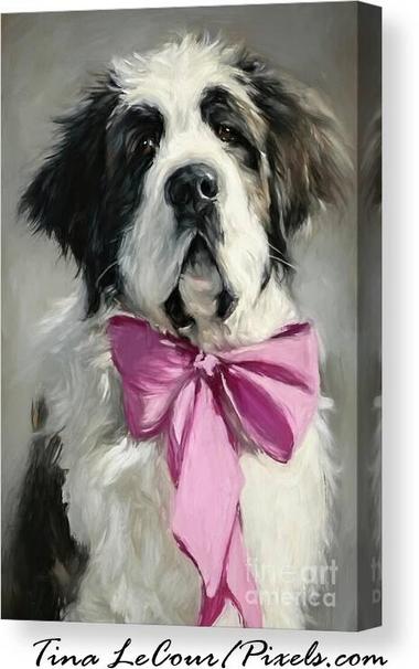 This is a canvas of a sweet Saint Bernard dog wearing a big pink bow around her neck.