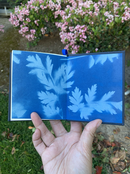 Open book showing blue endpapers patterned with leaves