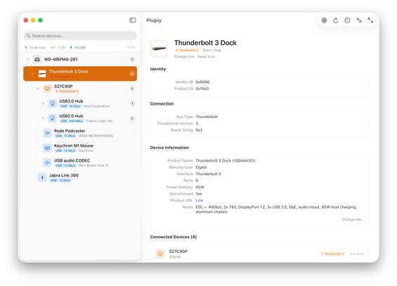 The image displays a device management interface showing details about a Thunderbolt 3 Dock. It includes information such as the product name, manufacturer, connection specifications, and a list of connected devices. The interface is clean and organized, highlighting connectivity options and device