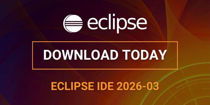 Eclipse logo on a warm orange and purple abstract background with the text βDownload Todayβ and βEclipse IDE 2026-03β, promoting the new release of the Eclipse IDE.