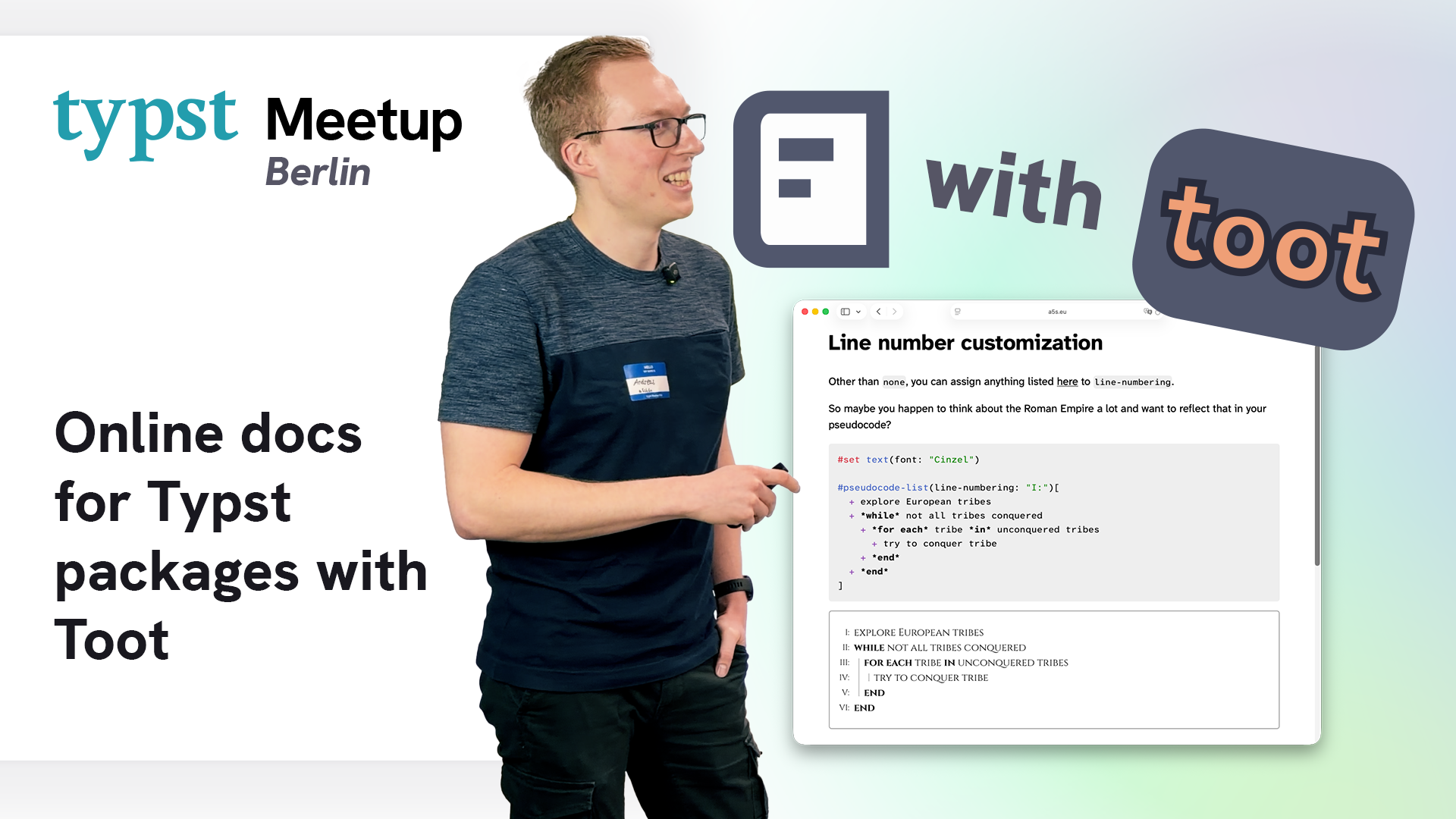 Video thumbnail: Andreas in front of a Toot screenshot. Caption: "Docs with Toot, Online docs for Typst packages with Toot"