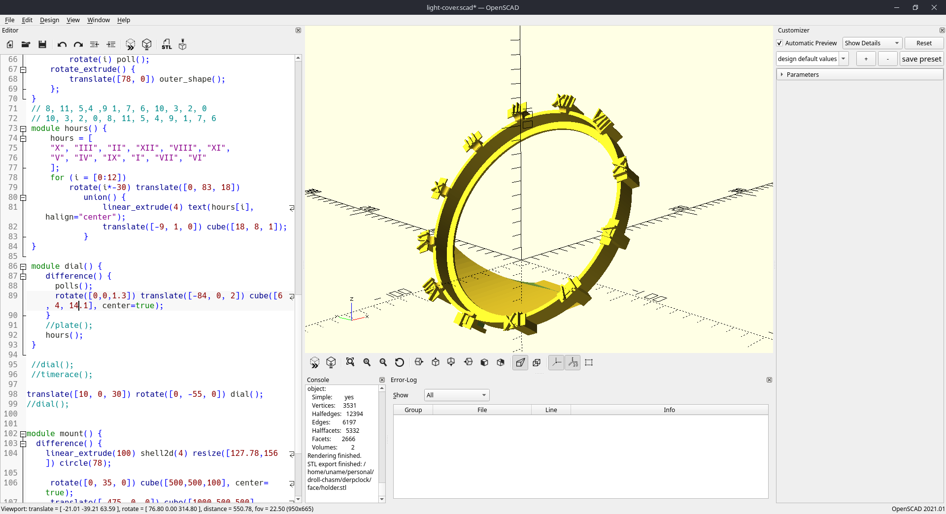 Screenshot of OpenSCAD.  It's showing the whole window, so code on left, compiler output on bottom, render in middle...some something on the right.

The model is something I made.  It's a clock face with roman numerals.  The numbers are ordered alphabeticaly with "zero"/12 at the top ("twelve" fucks shit up).  So:  XII, VII, XI, V, IV, IX, VII, VI, X, III, II.  This is held at a 55 deg angle by a chunk of tube that is attached to only the bottom and sort of tails off into a point with a square at the end that you actually can't see here.

Within the numbers is a race guide and the polls (that have the numbers on them) have a slight lip that will holed a hollowed out half-taurus thing that will have a set 60 RGB LED strip in it that represents the hands.  Someday I'd like to make one with stepper motors and watch it go nuts, but for now the light show is pretty cool.

It's probably useless for actually telling time but maybe you can get used to it.