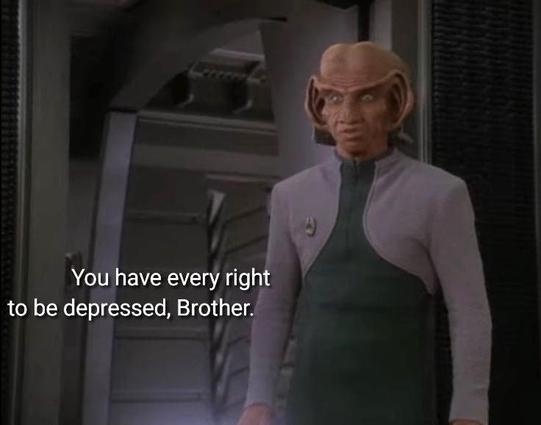 Star Trek Deep Space Nine scene. Rom, a Ferengi alien fella with giant ear lobes and butt shaped head, is standing in uniform and looking kind of shaken up and shooketh. Like if he walked in on his parents "wrestling." Closed caption reads, "You have every right to be depressed, Brother."