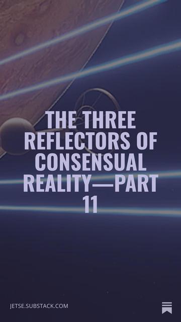 Title of my novel “The Three Reflectors of Consensual reality” superposed over a spacecraft flying past Jupiter.