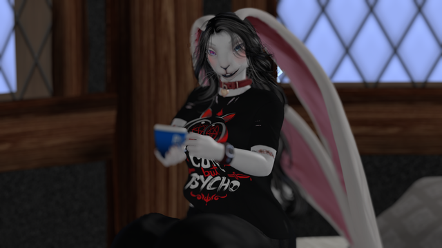 Bunny girl sitting down for a cup of Coffee