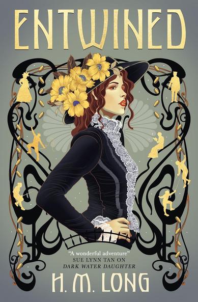 Book cover featuring a woman in side profile wearing gilded-age clothing with large yellow flowers in her hat surrounded by twining vines with scattered silhouettes of different people.