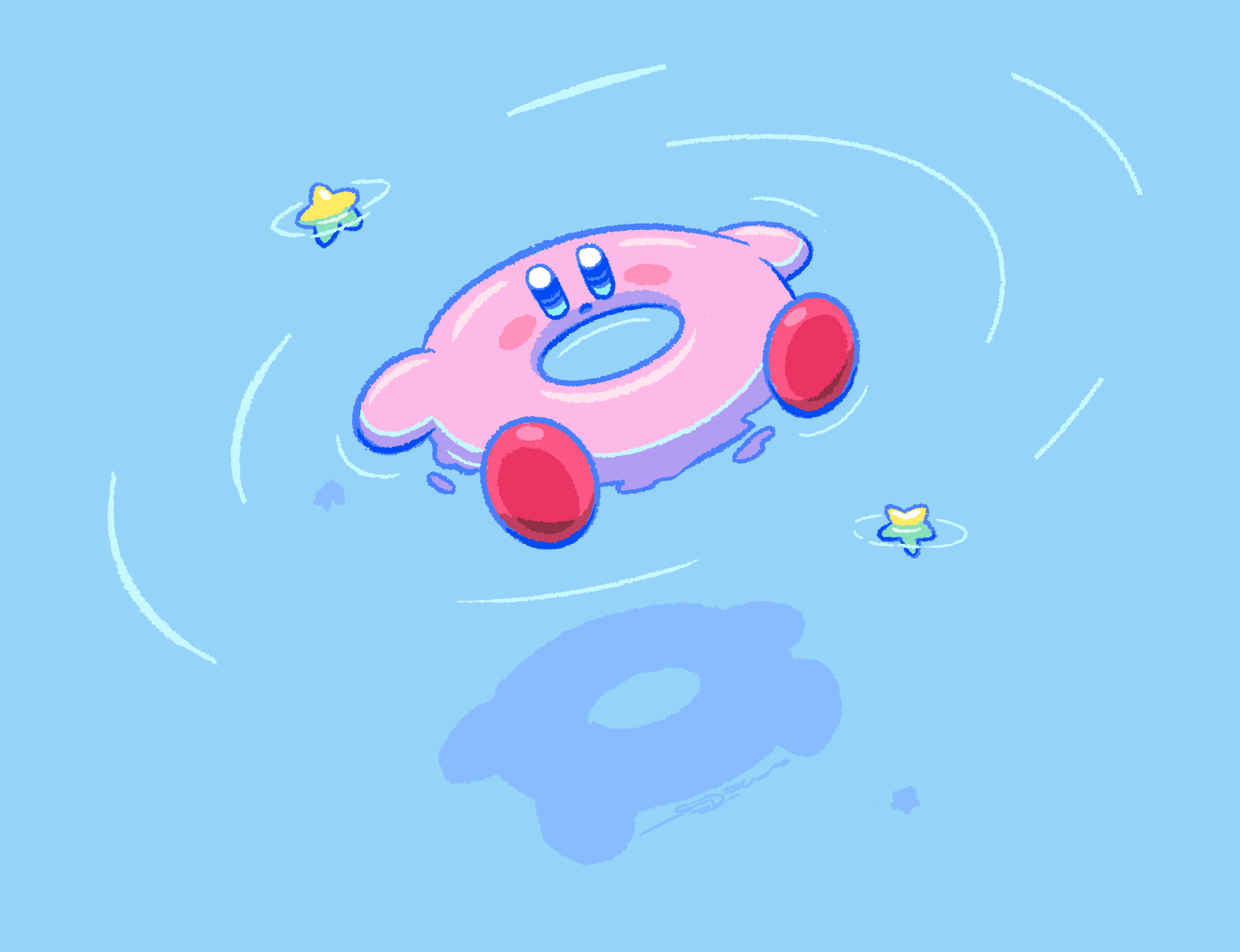 A hand-drawn illustration of Kirby floating in water but heโs in the shape of a floaty or inner tube because heโs obviously swallowed such a floatation device and taken on its form as Kirby does. There are a couple of adorable yellow stars floating nearby him as well.