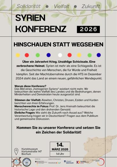 Mehr als ein Jahrzehnt nach dem Beginn des Krieges ist die Lage in Syrien weiterhin von Gewalt, Unsicherheit und schweren Menschenrechtsverletzungen geprägt. Auch nach den politischen Umbrüchen im Dezember 2024 sind religiöse und ethnische Minderheiten wie Alawiten, Drusen, Christen, Eziden und Kurden vielfach unzureichend geschützt. Berichte über Übergriffe und fehlende juristische Aufarbeitung sorgen international für große Besorgnis.
Im Fokus der Veranstaltung stehen Fragen nach dem Schutz b…