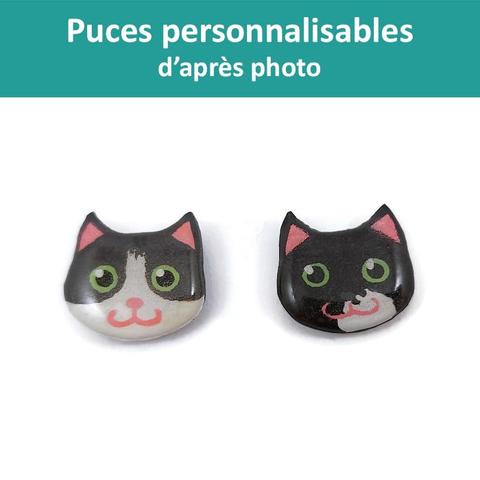 Puces d'oreilles fantaisie éco-responsables en forme de têtes de chats personnalisées d'après photos.
Les perles sont réalisées en CD recyclé, découpées et peintes à la main, puis recouvertes de résine.
Les tiges sont en acier inoxydables.