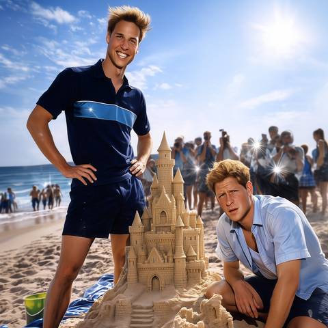 Ai-generated picture of the young British princes William and Harry next to a sandcastle resembling a Disney castle. Image created by Q Designagentur Wiesbaden for the opera Kain und Abel at Staatstheater Darmstadt in 2026, staged by Kerem Hillel, and conducted by Daniel Cohen.