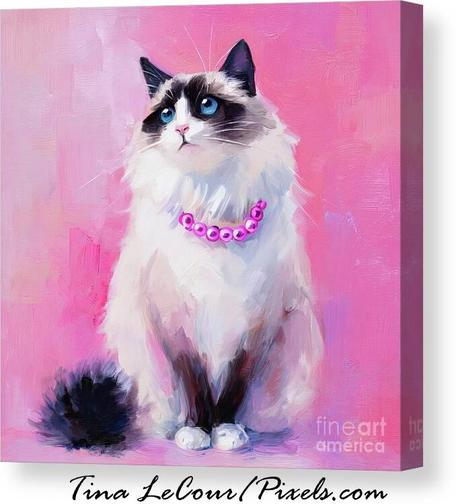 This is a canvas of a pretty painted ragdoll cat with big blue eyes wearing a string of pink pearls against a bright pink background.