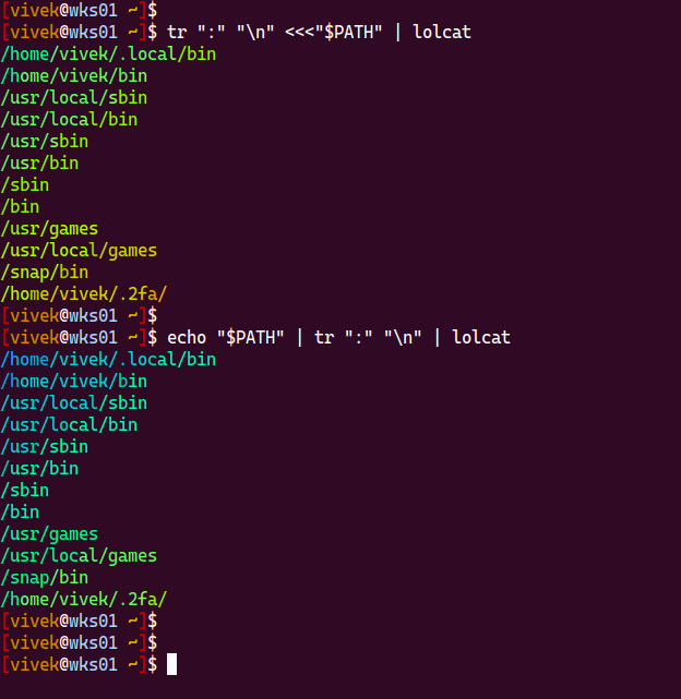 a screenshot showing output of the `tr ":" "\n" <<<"$PATH" | lolcat` command to see your system's PATH environment variable in a readable and colorful format using lolcat command. This command will print your system's search paths using the `$PATH`, lists them one per line, and makes them look pretty just for fun. You can skip the `lolcat` bit if you don't want colors.