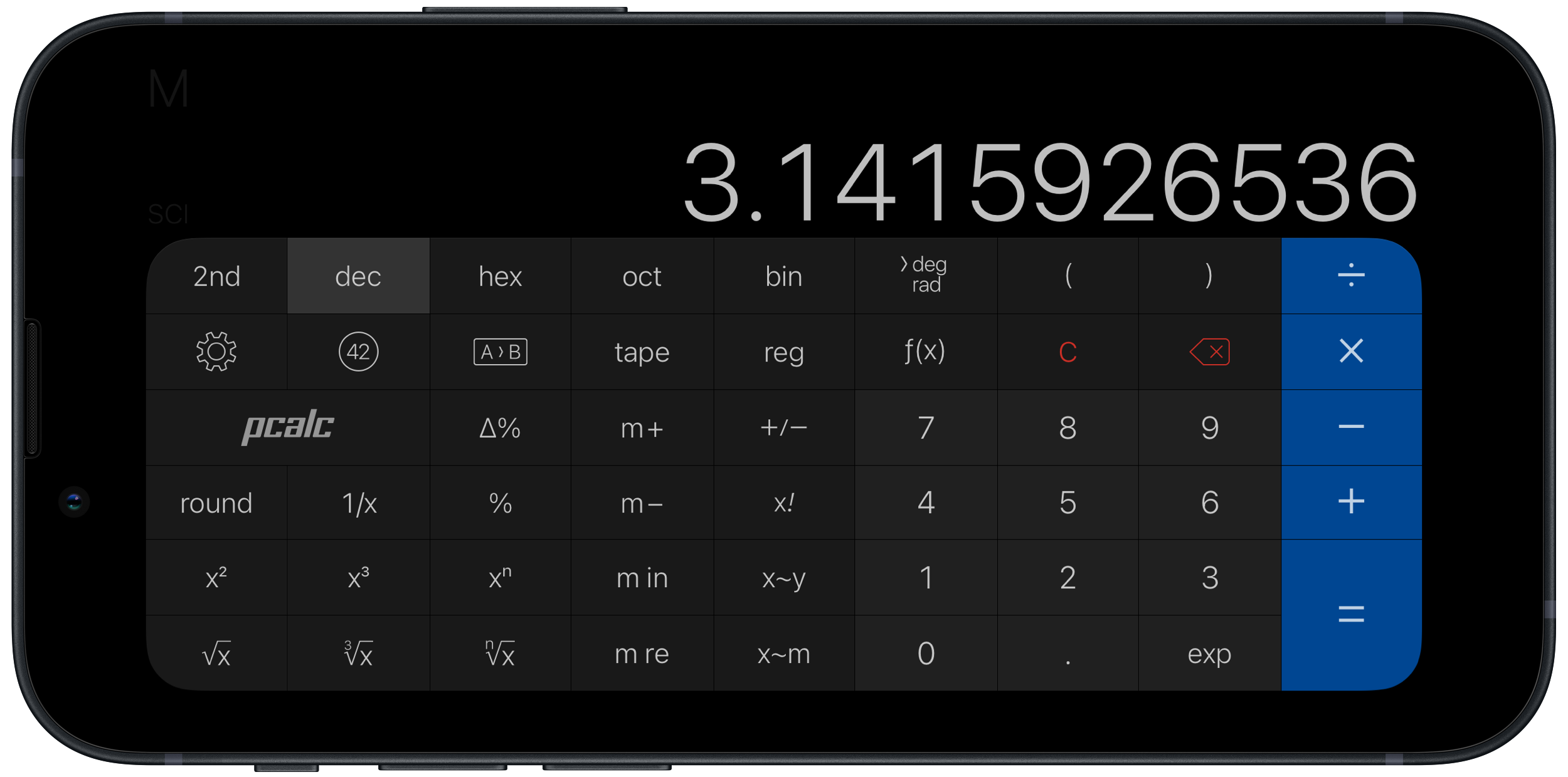 A screenshot of PCalc running on iOS and displaying Pi.