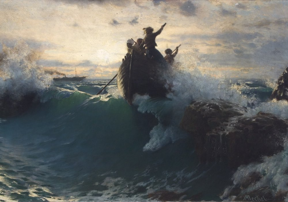 A maritime painting showing a small rowing boat with several people being lifted by a large, cresting blue-green wave. In the distance, a steamship with a plume of smoke is visible against a pale, cloudy sky. Dark rocks and churning white foam are in the foreground.