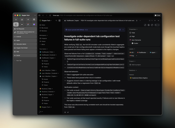 Dark-mode Linear issue view for FediReader, showing bug FEDI-74 about flaky, order-dependent iOS tab configuration tests. The main panel is packed with a long, engineer-brain description of how full test-suite runs intermittently fail while single-test runs pass, including simulator commands, file paths, and notes that this was discovered while verifying a different ticket. Sidebars tag it as a high-priority iOS bug for the FediReader app, assigned to Sam Clemente, with labels like “Bug,” “iOS,” “FediReader,” and “Agent,” plus related work like “Implement More Haptics” — basically a snapshot of my build-in-public workflow where even the test harness has lore.