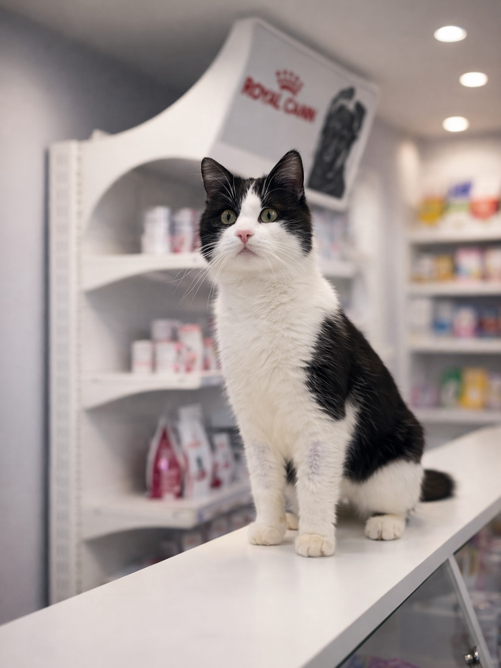 A handsome black-and-white cat with bright green eyes sitting calmly on the counter at a pet shop.