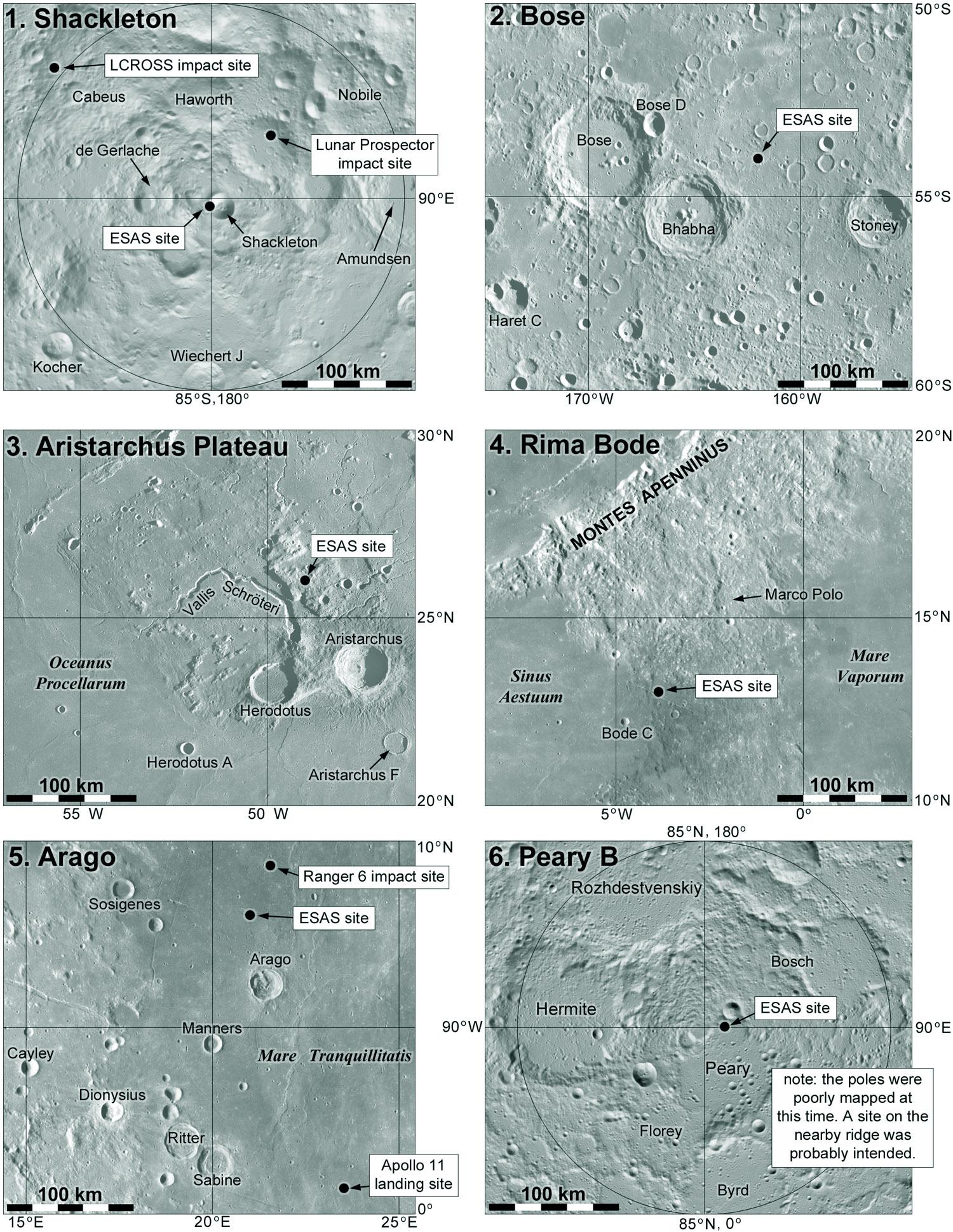 Six of the ESAS lunar exploration sites.They are in order, the south pole, the middle of the south pole-Aitken basin, the Aristarchus plateau, Rima Bode, Mare Tranquillitatis and the north pole.