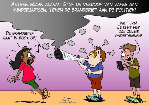 De cartoon gaat over het probleem van vapen onder jongeren. Bovenaan staat de tekst dat artsen alarm slaan en oproepen om de verkoop van vapes aan minderjarigen te stoppen en een “brandbrief” aan de politiek te tekenen.
In het beeld blaast een jongen vape-rook door een opgerolde brief waarop “brandbrief” staat. Een meisje roept geschrokken: “De brandbrief gaat in rook op!”, wat letterlijk en figuurlijk wordt bedoeld: de oproep tegen vapen verdwijnt in de rook van het vapen zelf. Naast hen zegt een andere jongen met een smartphone: “Niet erg! Je kunt hem óók online ondertekenen!”, terwijl hij vrolijk verdergaat met zijn telefoon.
De cartoon gebruikt ironie en woordspeling. Een brandbrief is een dringende waarschuwing, maar hier wordt hij letterlijk gebruikt om te vapen. Daarmee bekritiseert de tekenaar dat jongeren, de politiek en de samenleving het probleem niet serieus genoeg nemen.