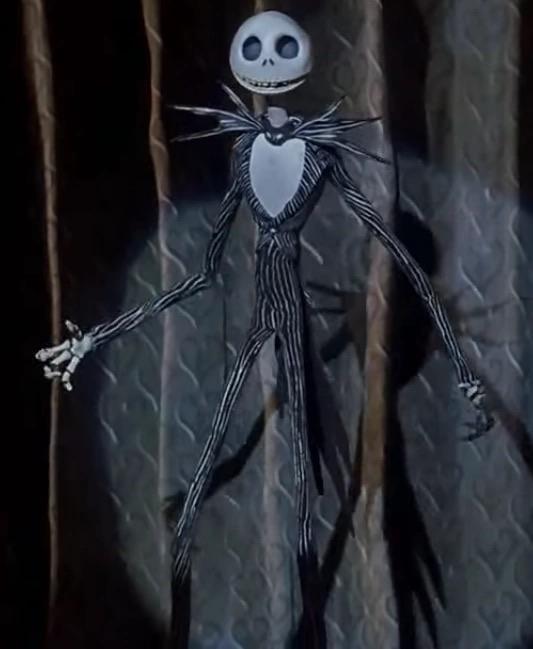 Jack Skellington. Character with a pumpkin-like skull head with a stick-like body.
