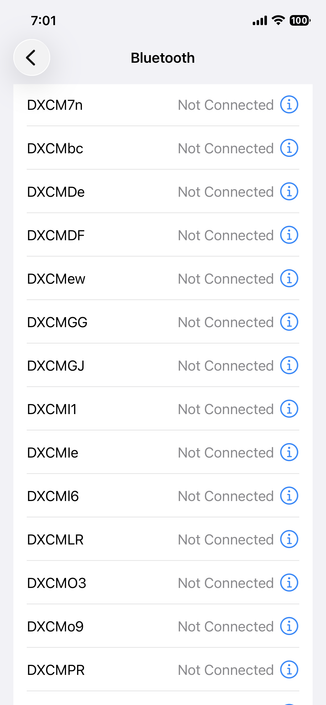 Screenshot of an iPhone Bluetooth settings screen, showing dozens of device profiles associated with a continuous glucose monitoring system, all not connected. Each device expires after 10 days and must be replaced, sometimes more frequently if the device fails early.