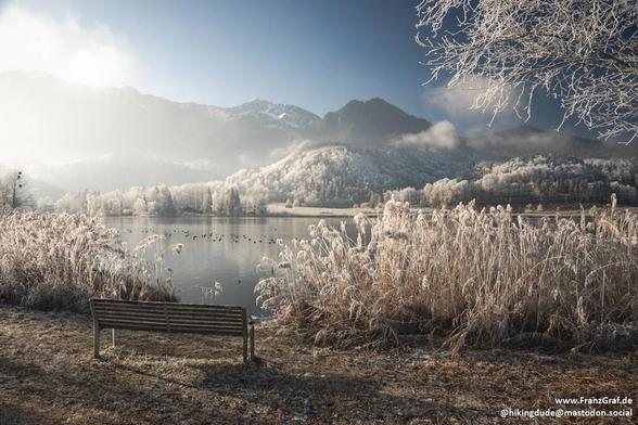A breathtaking winter landscape unfolds in this image, capturing the serene beauty of a frosty lakeside morning. The foreground features a wooden bench, invitingly positioned near the shore of a calm lake. The bench, lightly dusted with frost, offers a perfect spot for quiet contemplation and taking in the stunning view.
The lake itself is partially frozen, its surface reflecting the soft light of the rising sun. Scattered across the water are ducks, adding a touch of life and movement to the …