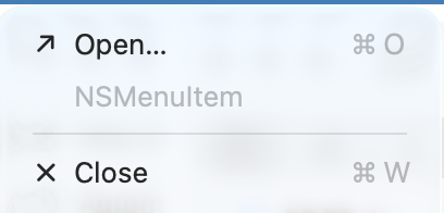 A screenshot of a macOS menu ; showing a SwiftUI bug of a disabled item labeled "NSMenuItem" with no explanation.